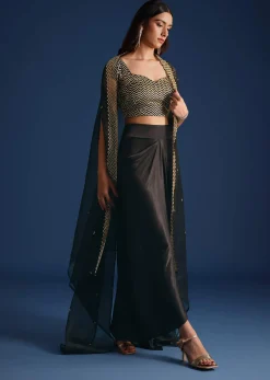 Black Cutdana Work Crop Top With Asymmetric Jacket And Skirt
