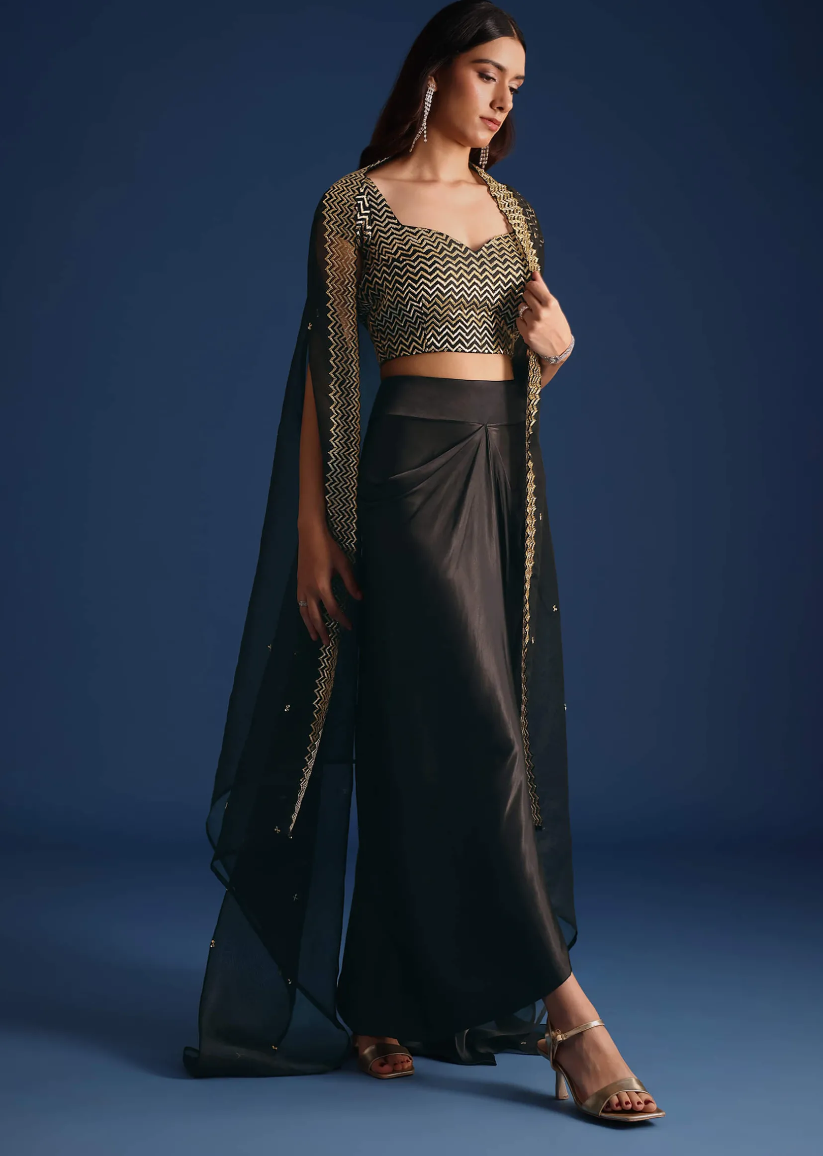 Black Cutdana Work Crop Top With Asymmetric Jacket And Skirt