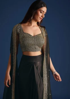 Black Cutdana Work Crop Top With Asymmetric Jacket And Skirt
