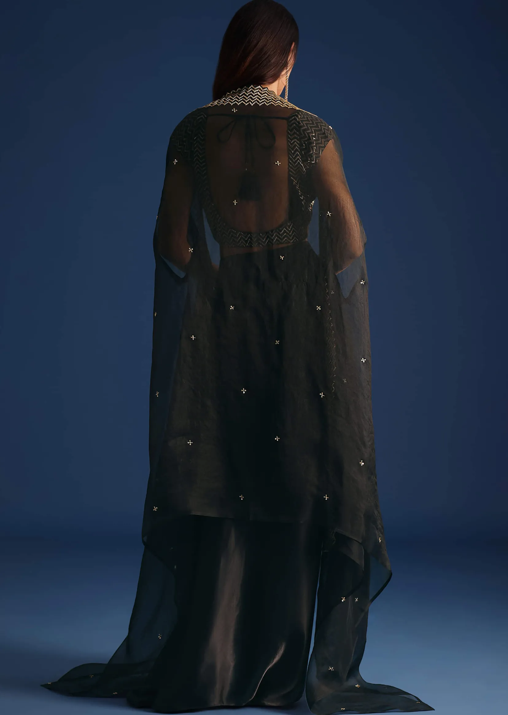 Black Cutdana Work Crop Top With Asymmetric Jacket And Skirt