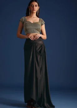 Black Cutdana Work Crop Top With Asymmetric Jacket And Skirt