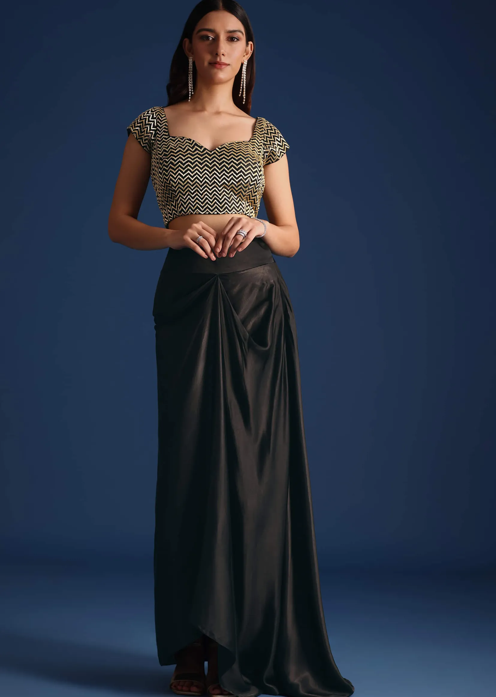 Black Cutdana Work Crop Top With Asymmetric Jacket And Skirt