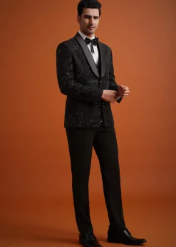 Black Cutwork Stone Embellished Tuxedo Set