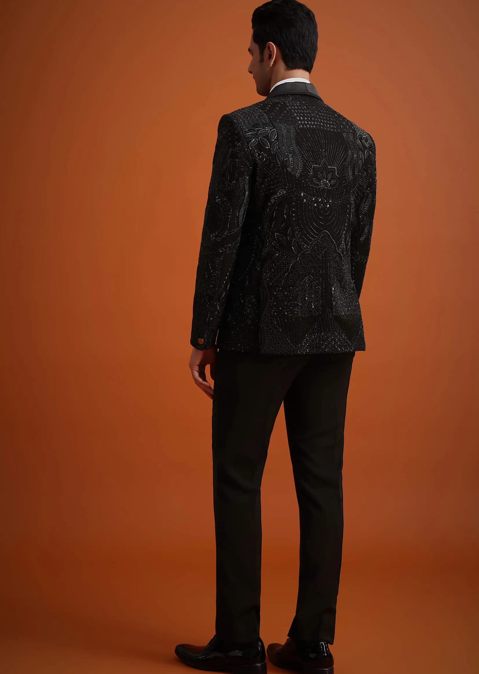 Black Cutwork Stone Embellished Tuxedo Set