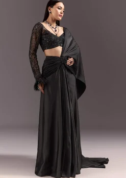 Black 3D Patchwork Cutdana Drape Saree With Sleeveless Overlap Blouse
