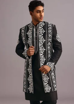 Black Dola Silk Thread Embroidered Sherwani Set