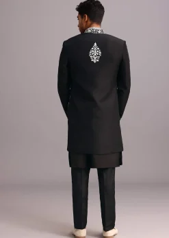 Black Dola Silk Thread Embroidered Sherwani Set