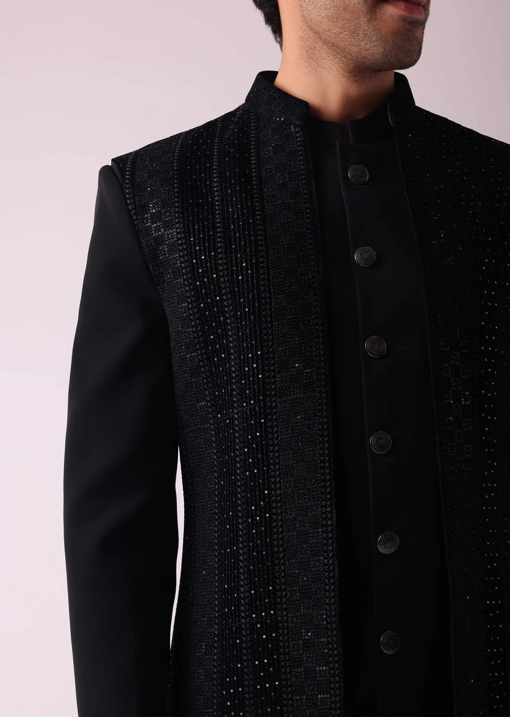 Black Embellished Indowestern In Suiting Fabric