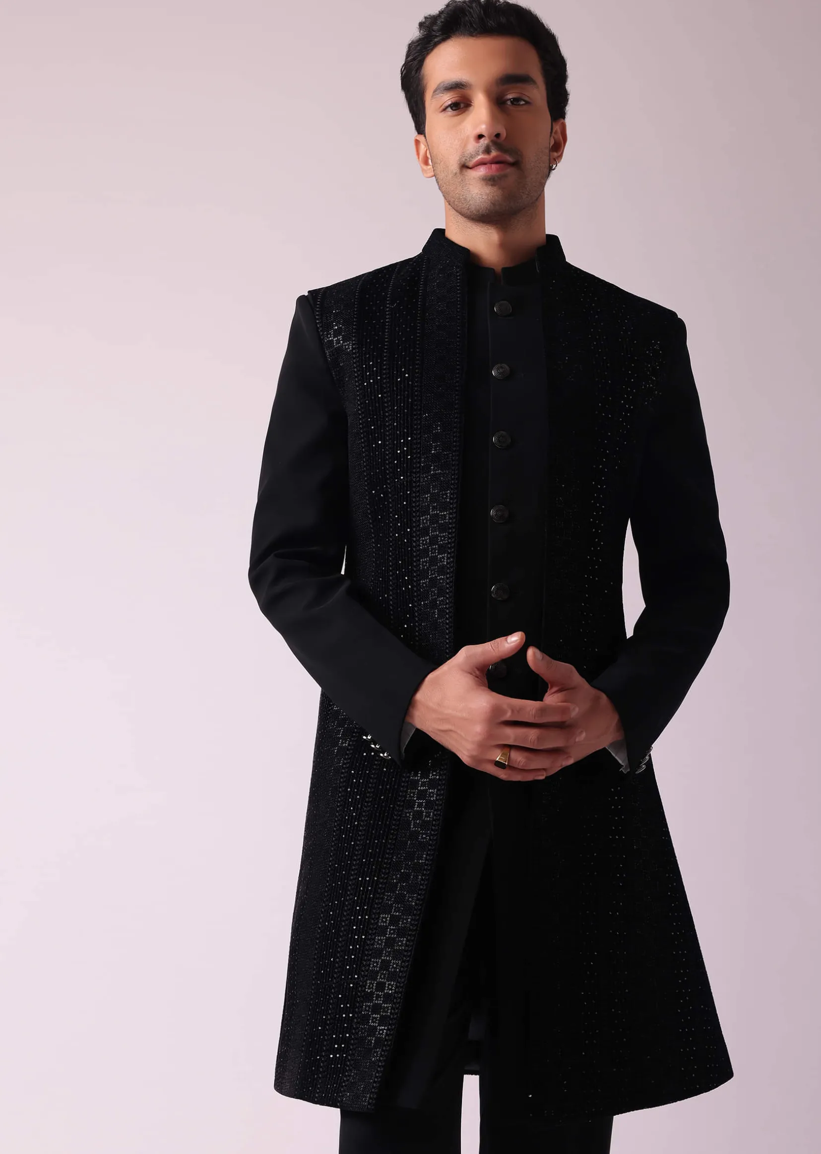 Black Embellished Indowestern In Suiting Fabric