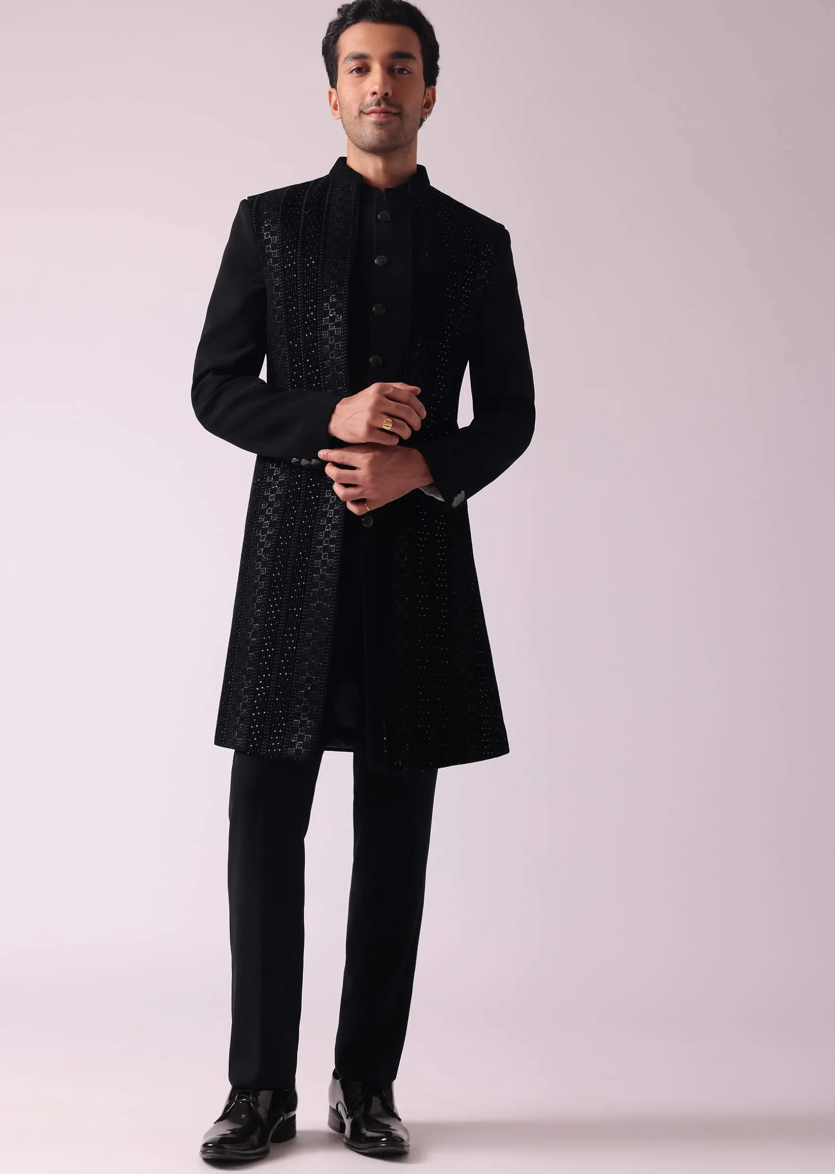 Black Embellished Indowestern In Suiting Fabric