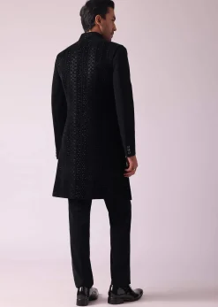 Black Embellished Indowestern In Suiting Fabric
