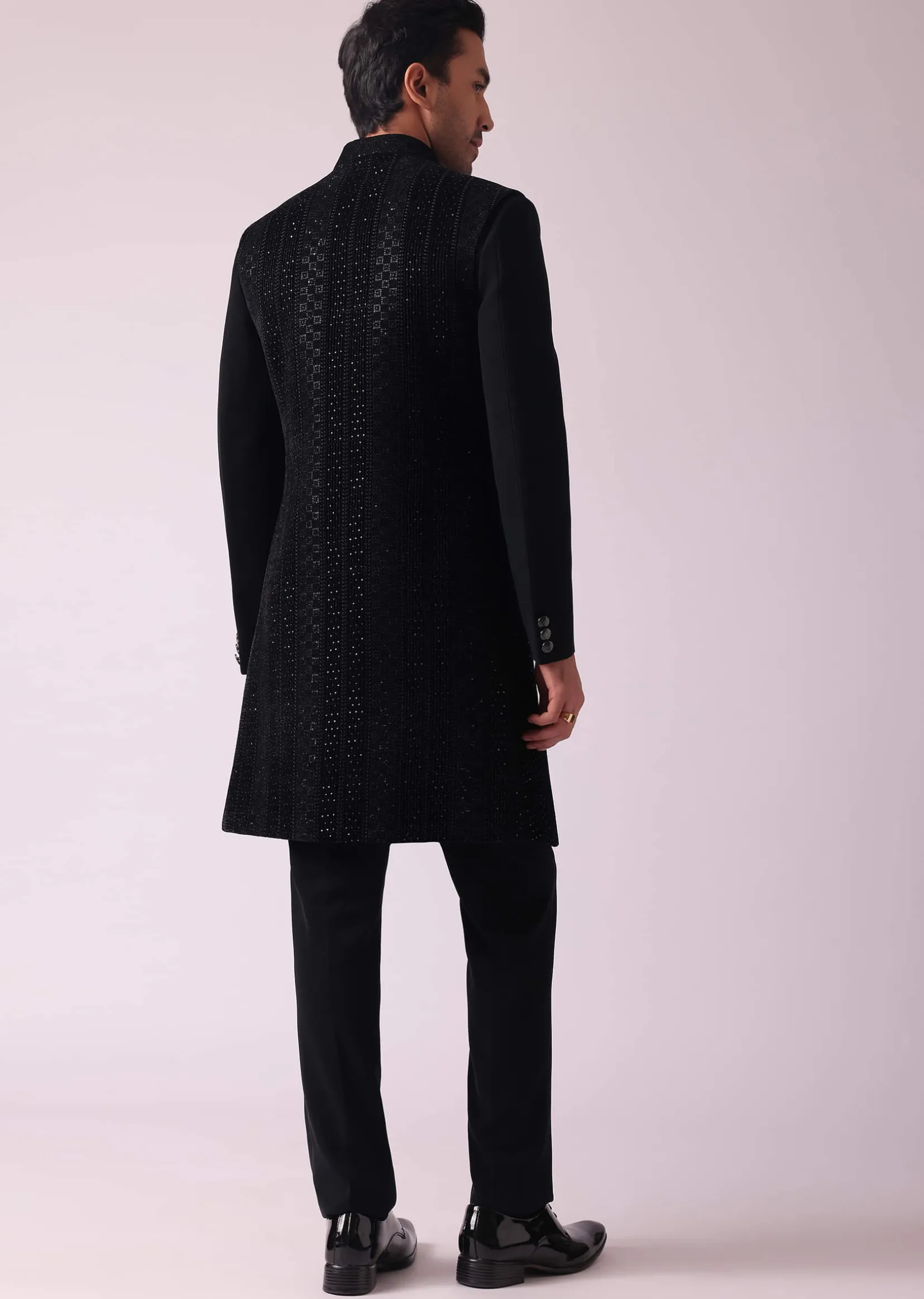 Black Embellished Indowestern In Suiting Fabric