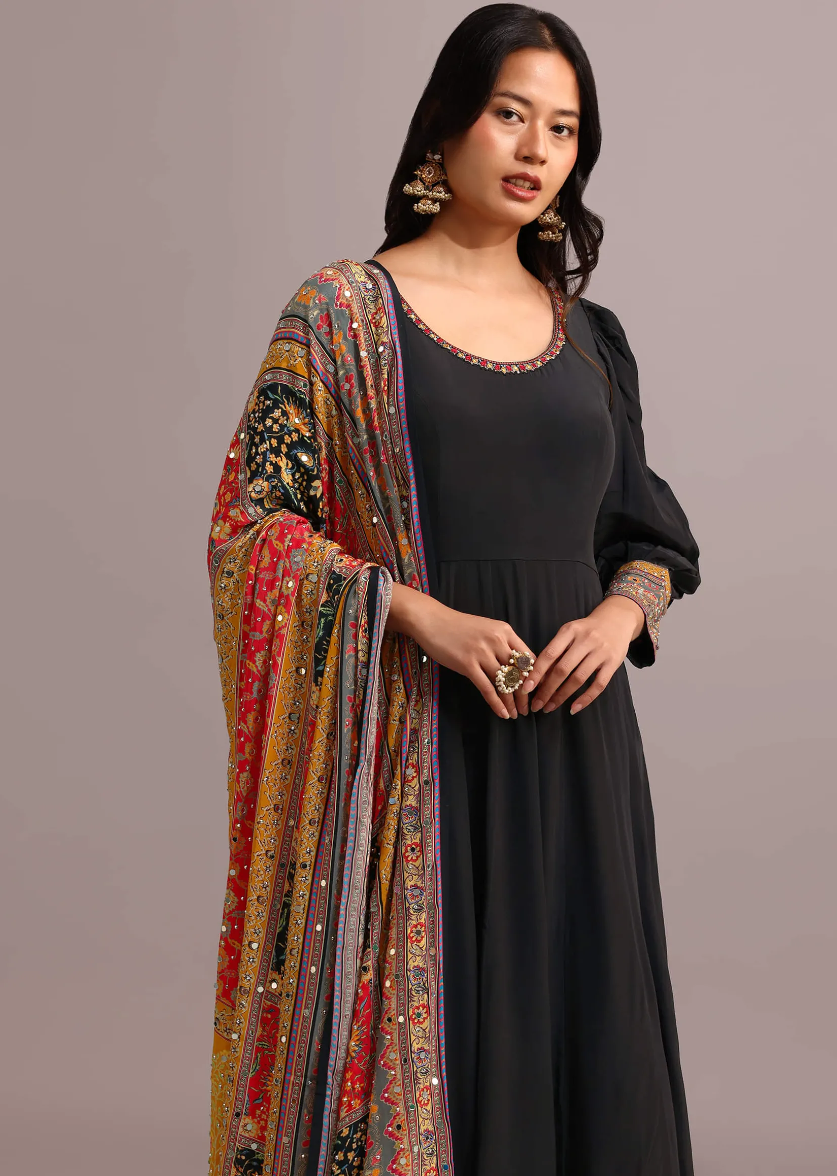 Black Embroidered Anarkali With Printed Dupatta