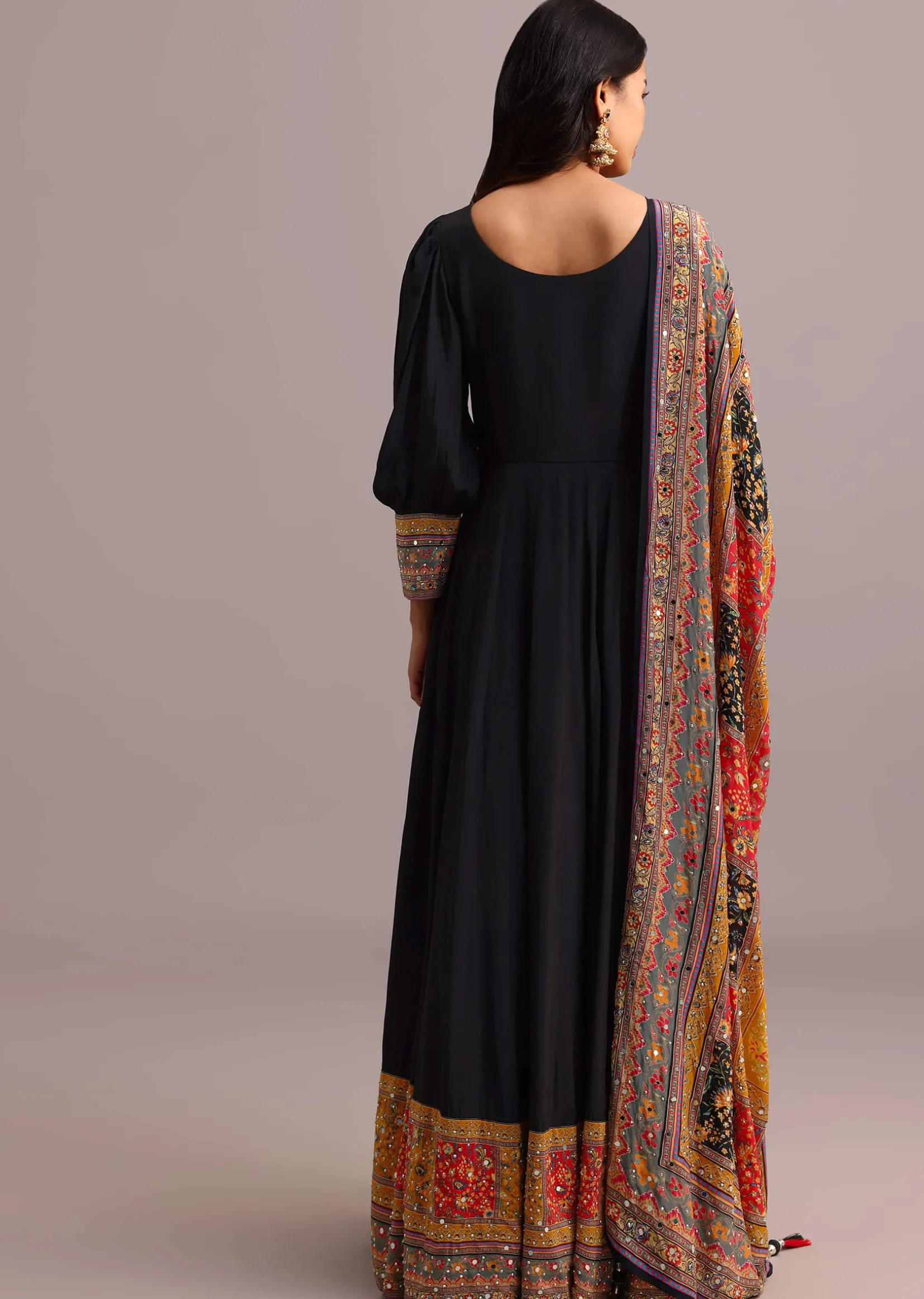 Black Embroidered Anarkali With Printed Dupatta