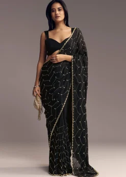 Black Embroidered Chinon Saree With Cut Dana Work