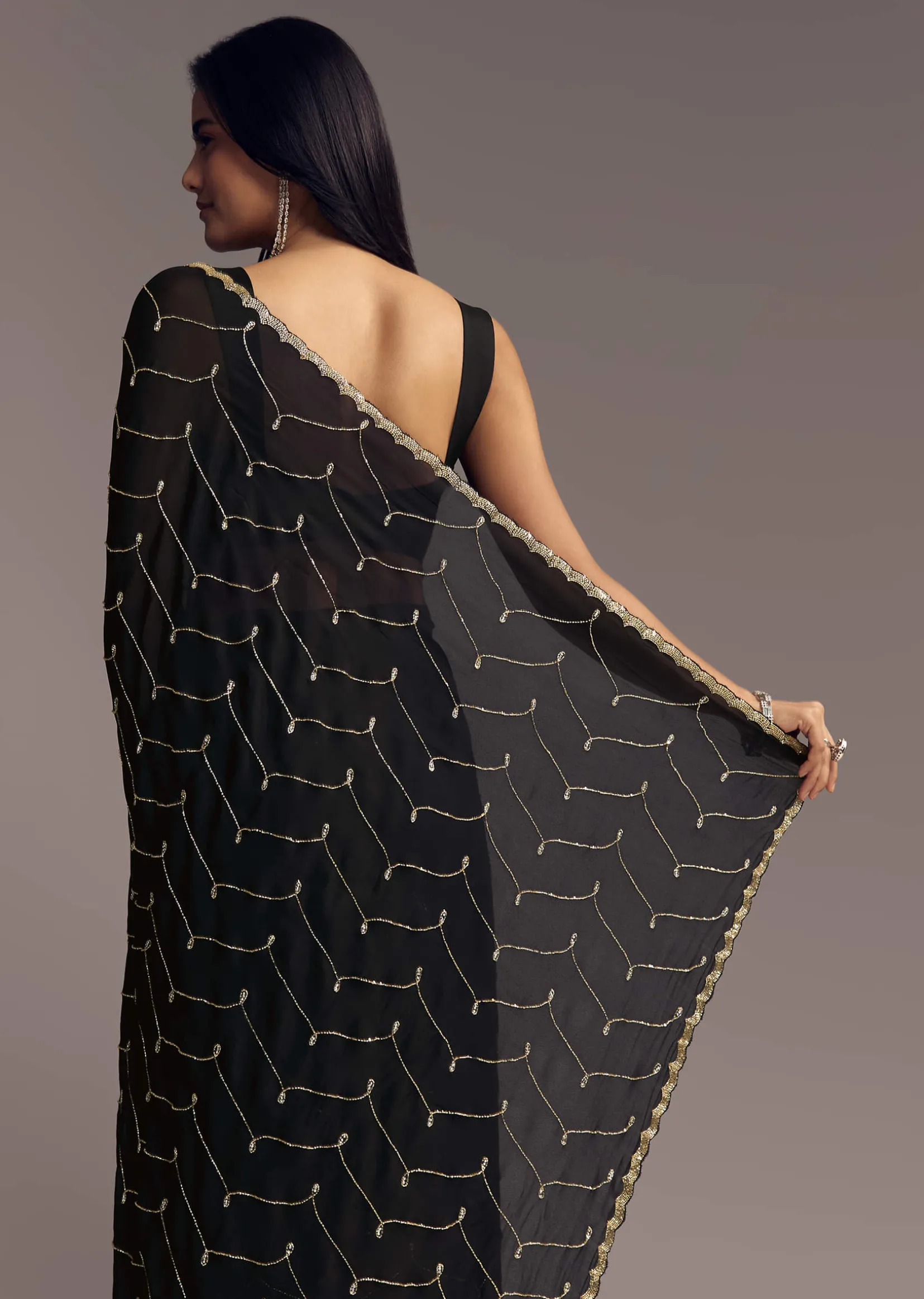 Black Embroidered Chinon Saree With Cut Dana Work