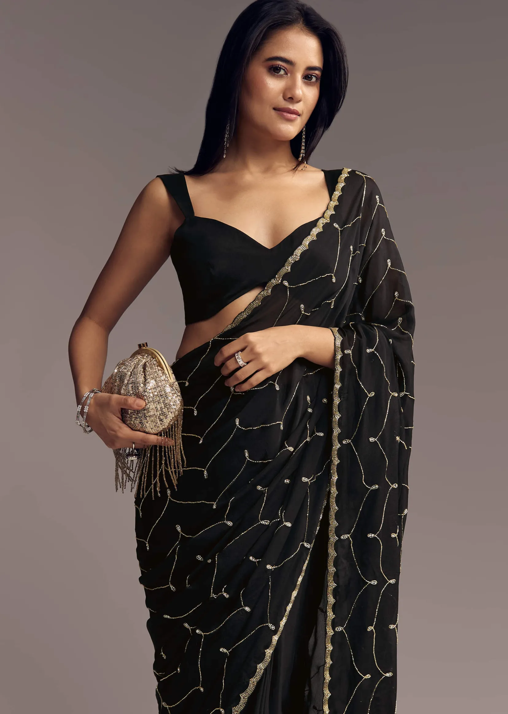Black Embroidered Chinon Saree With Cut Dana Work