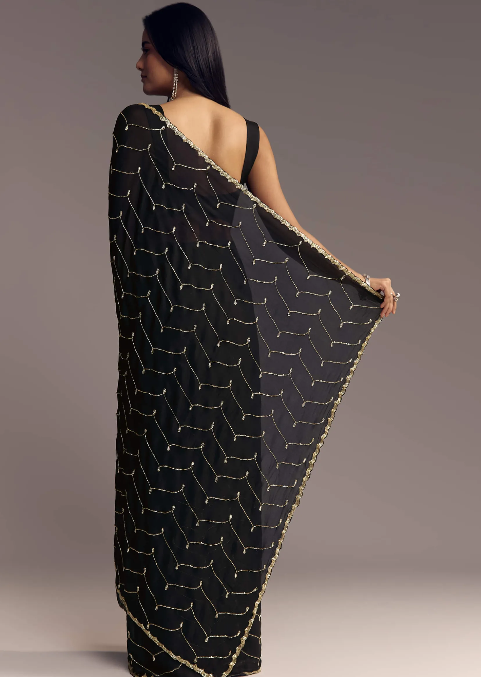 Black Embroidered Chinon Saree With Cut Dana Work
