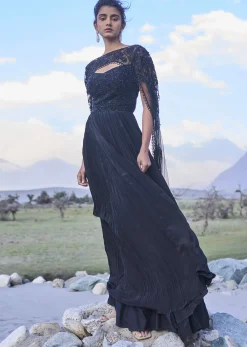 Black Embroidered Crepe Rushed Gown With Cape