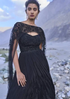 Black Embroidered Crepe Rushed Gown With Cape