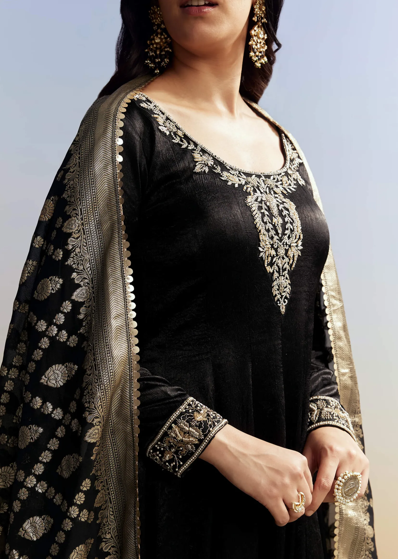 Black Embroidered Crush Satin Anarkali Set