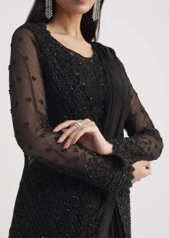 Black Embroidered Draped Skirt Saree With Blouse And Matching Jacket