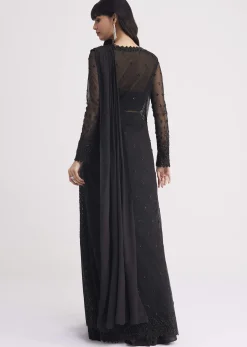 Black Embroidered Draped Skirt Saree With Blouse And Matching Jacket