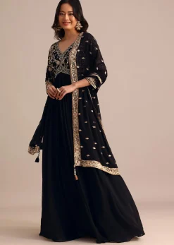 Black Embroidered Georgette Anarkali Suit
