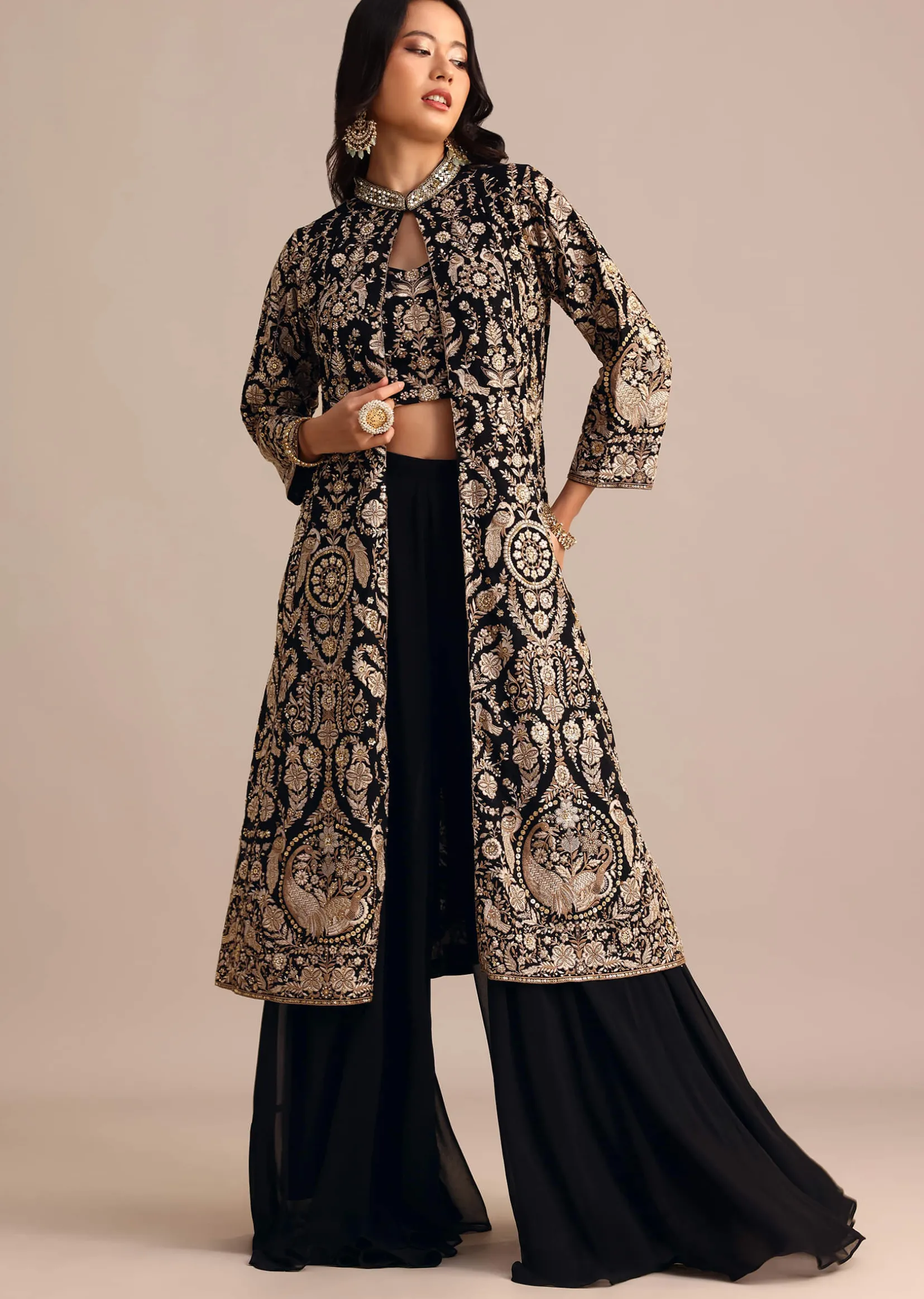 Black Embroidered Georgette Palazzo Suit With Long Embroidered Jacket