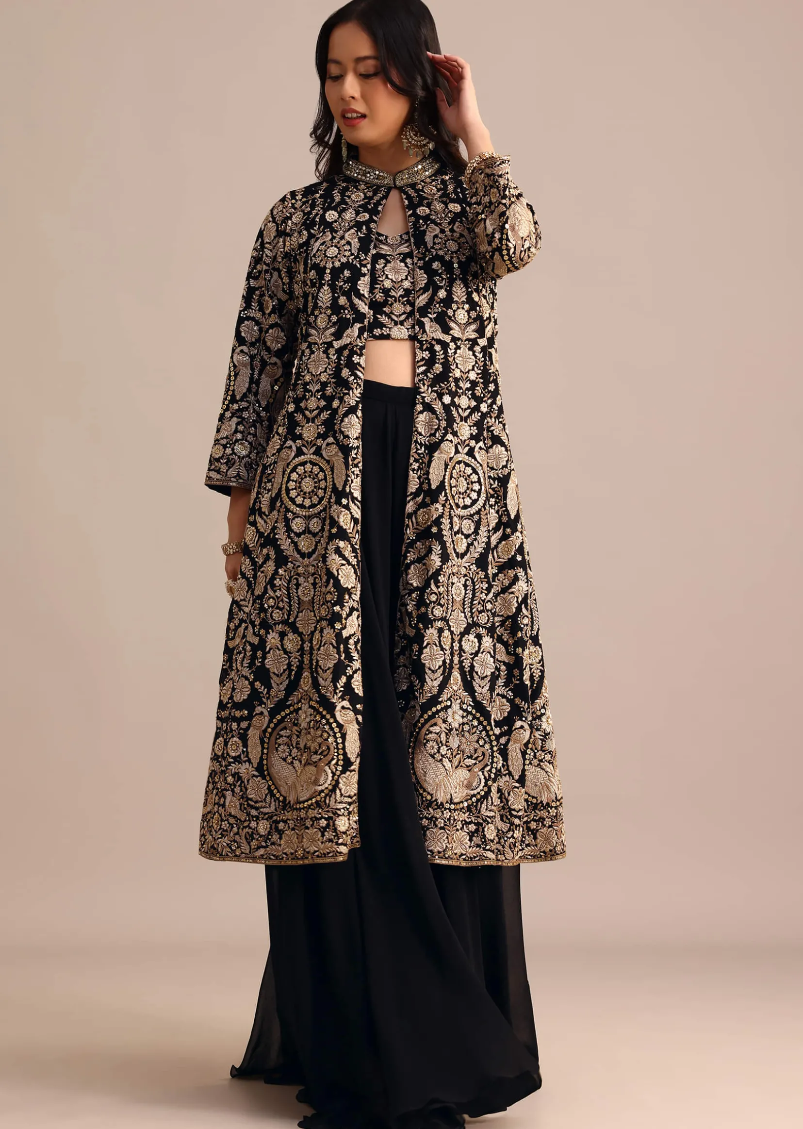 Black Embroidered Georgette Palazzo Suit With Long Embroidered Jacket