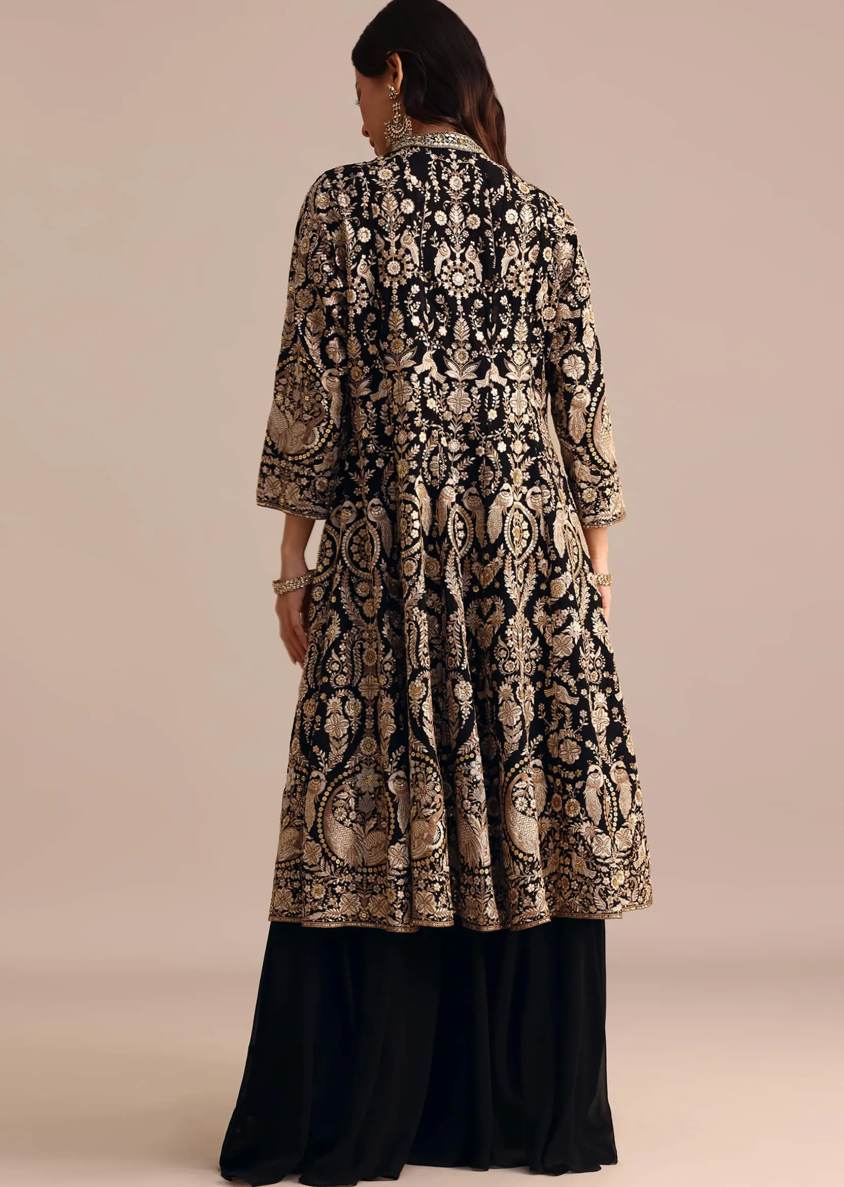 Black Embroidered Georgette Palazzo Suit With Long Embroidered Jacket