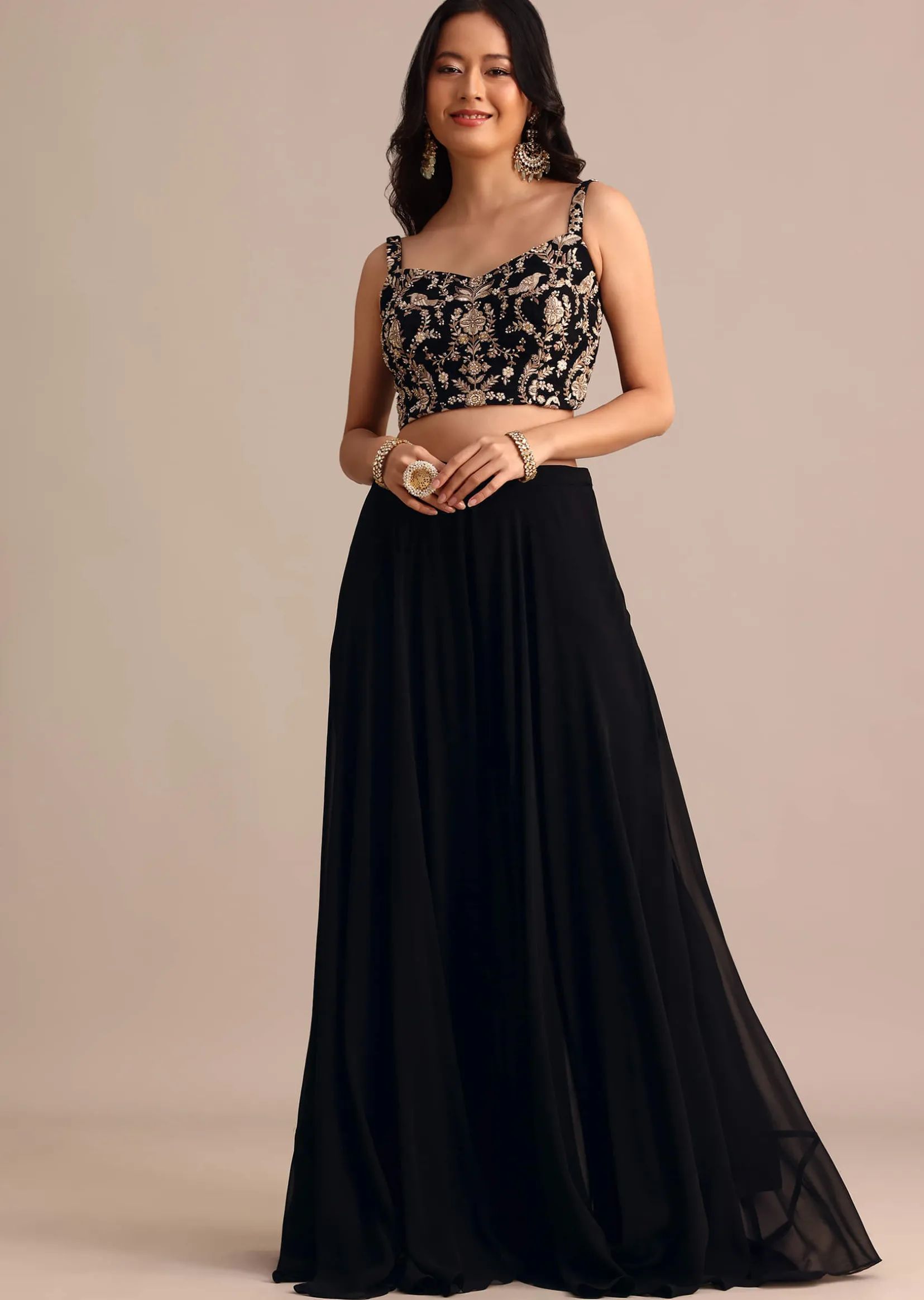 Black Embroidered Georgette Palazzo Suit With Long Embroidered Jacket