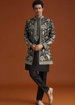 Black Embroidered Indo Western Sherwani Set