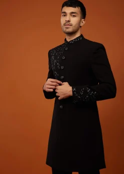 Black Embroidered Indo-Western Sherwani Set In Imported Suiting Fabric