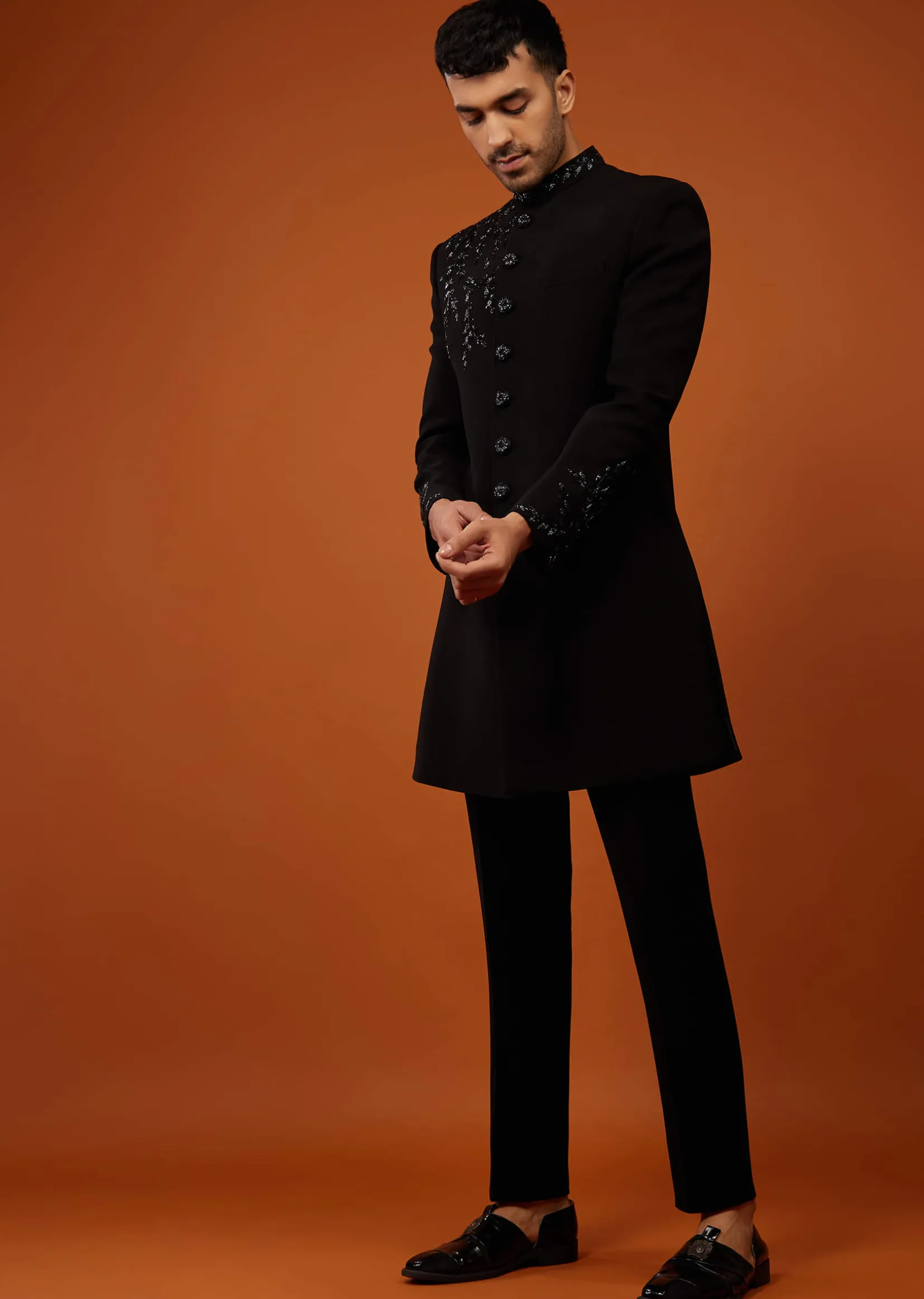 Black Embroidered Indo-Western Sherwani Set In Imported Suiting Fabric