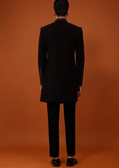 Black Embroidered Indo-Western Sherwani Set In Imported Suiting Fabric