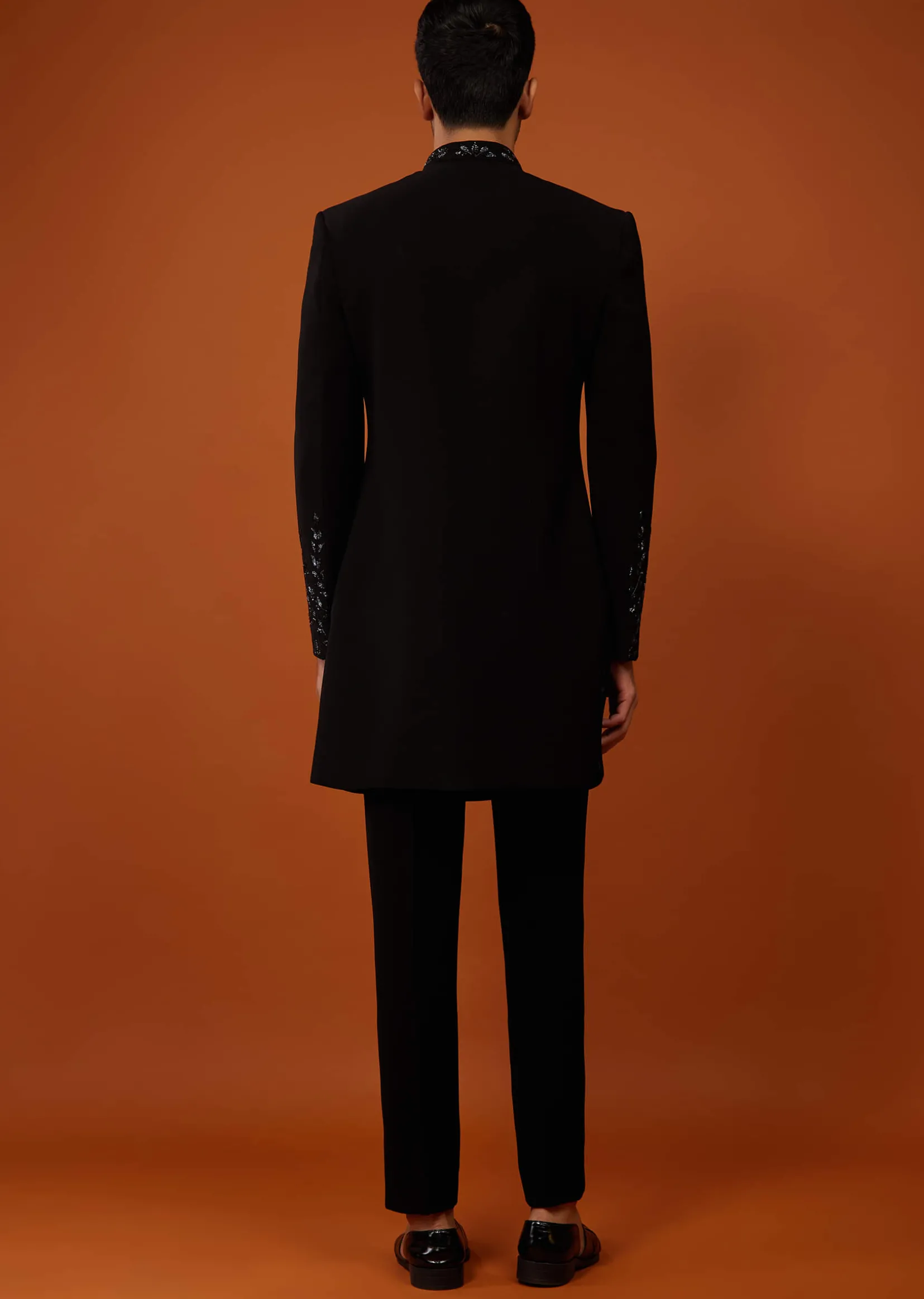 Black Embroidered Indo-Western Sherwani Set In Imported Suiting Fabric