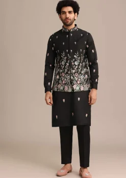 Black Embroidered Jacket Kurta Set In Linen Satin