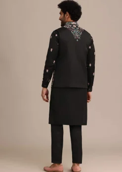 Black Embroidered Jacket Kurta Set In Linen Satin
