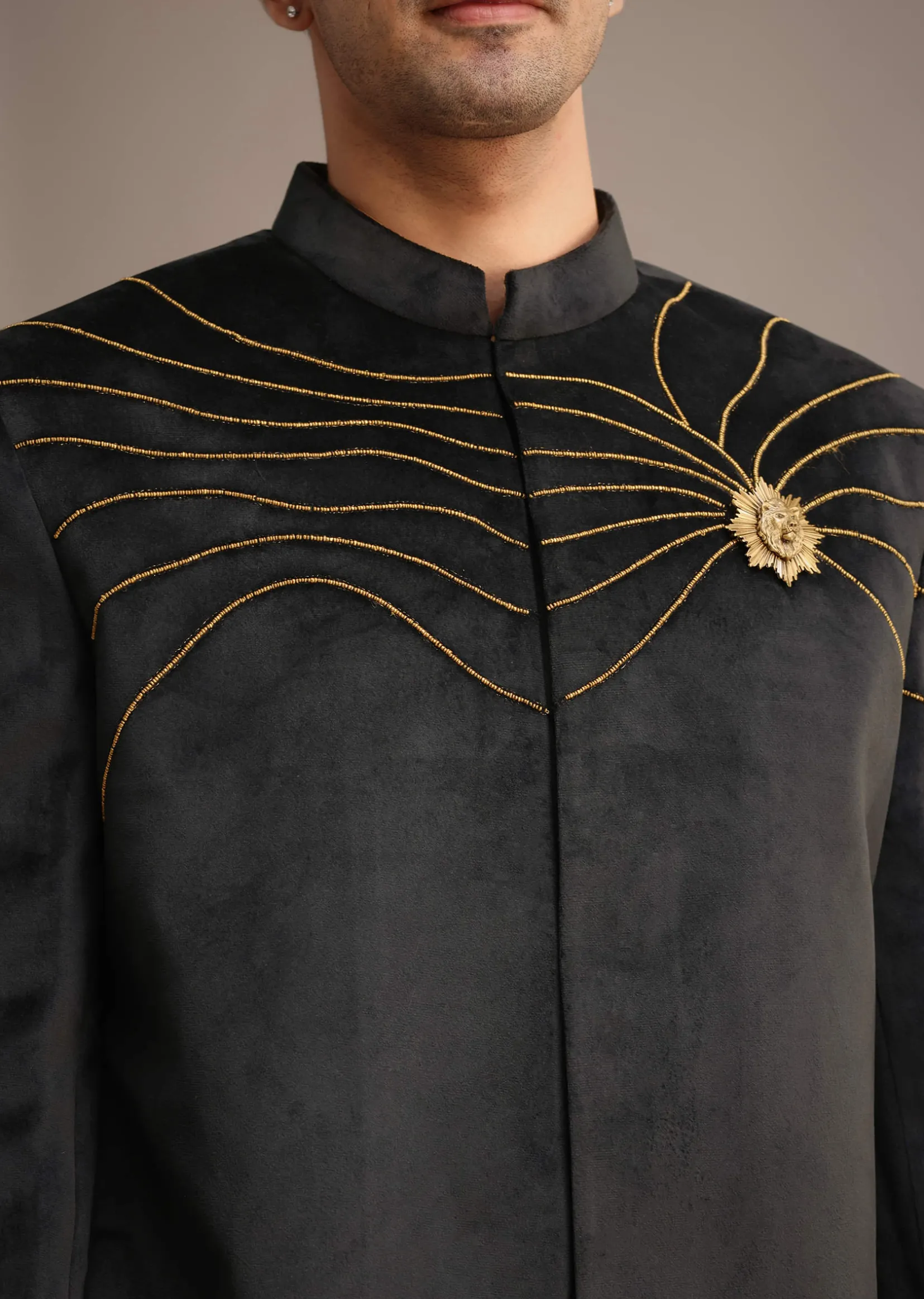 Black Embroidered Jodhpuri Set With Poth Work In Suede