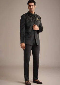 Black Embroidered Jodhpuri Set With Poth Work In Suede