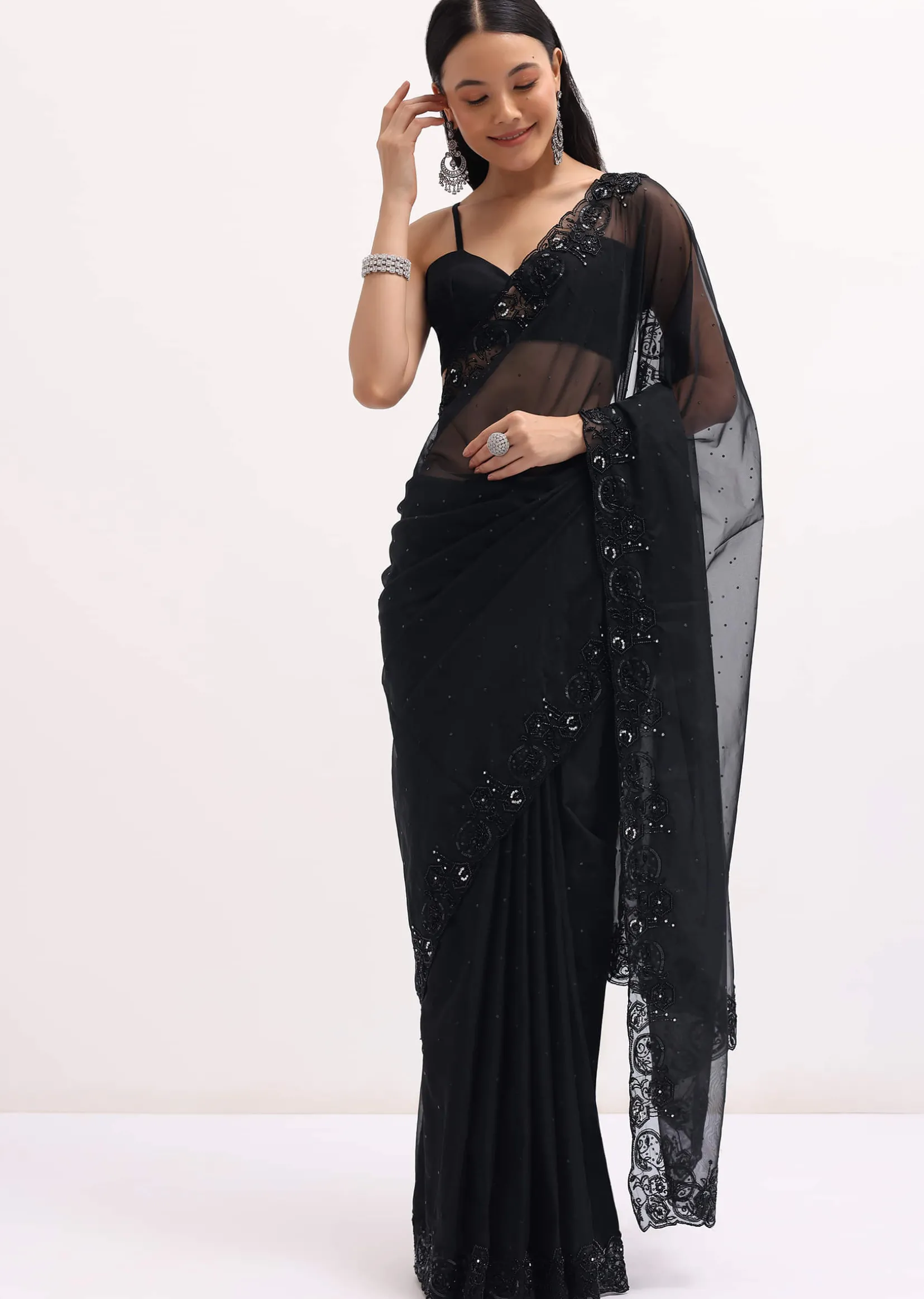 Black Embroidered Organza Saree With Unstitched Blouse