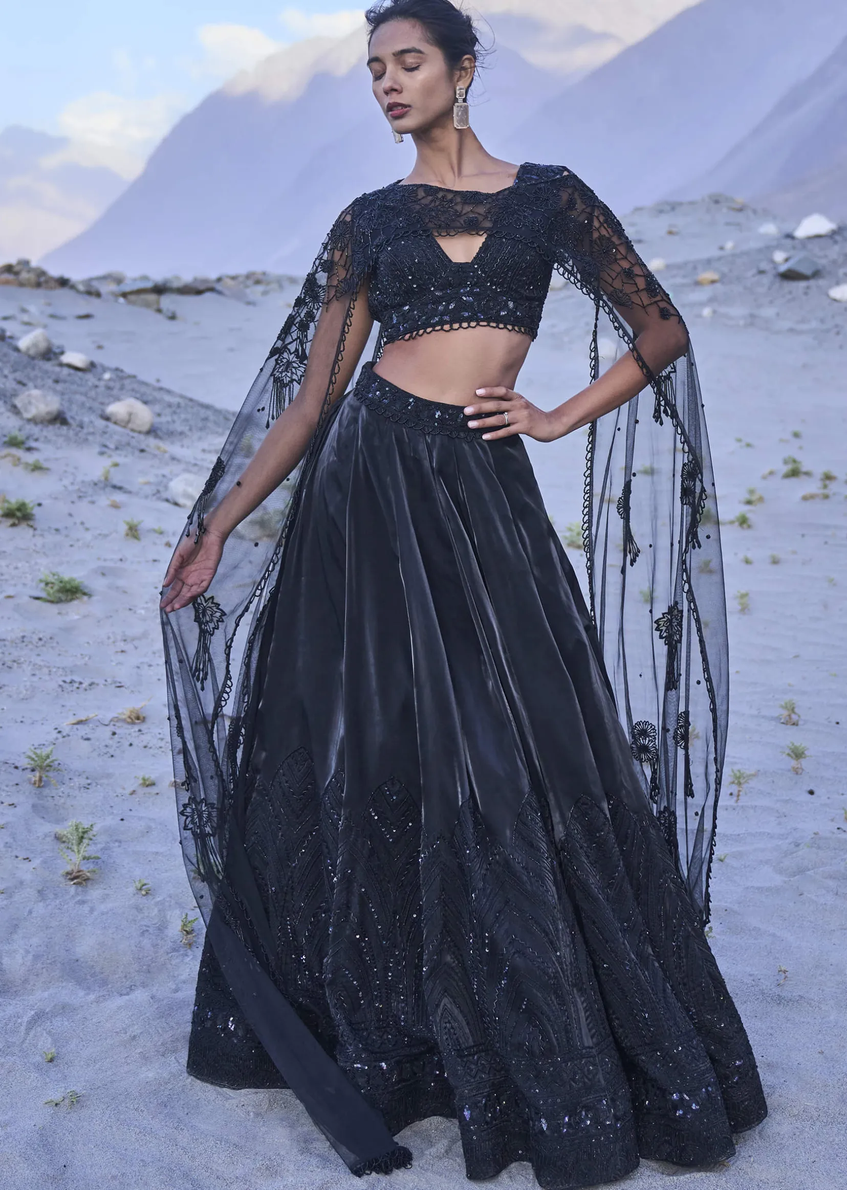 Black Embroidered Organza Lehenga Set With Cape