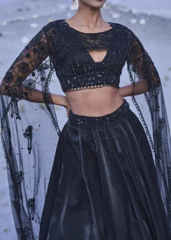 Black Embroidered Organza Lehenga Set With Cape