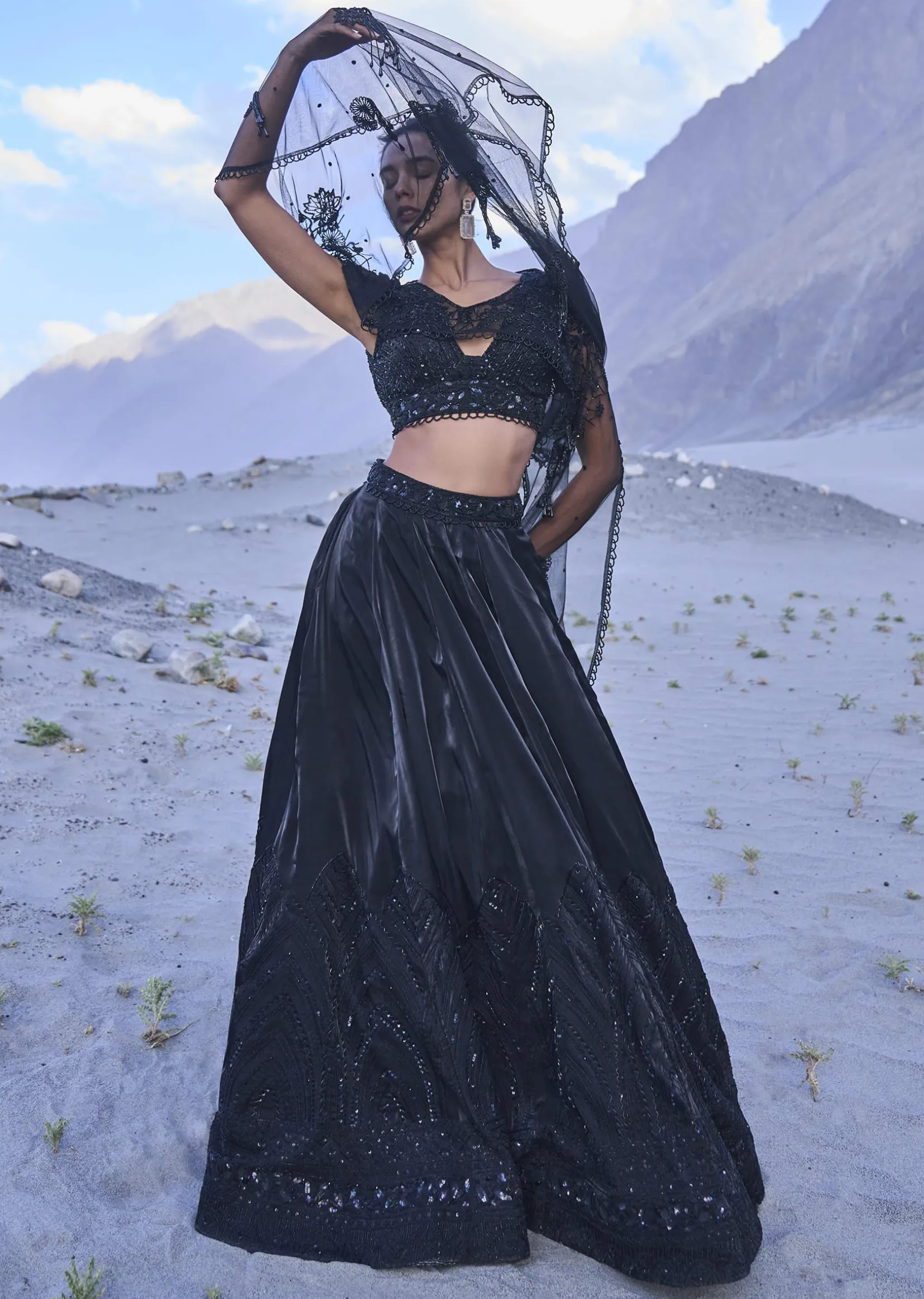 Black Embroidered Organza Lehenga Set With Cape