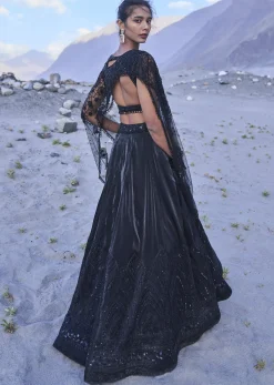 Black Embroidered Organza Lehenga Set With Cape