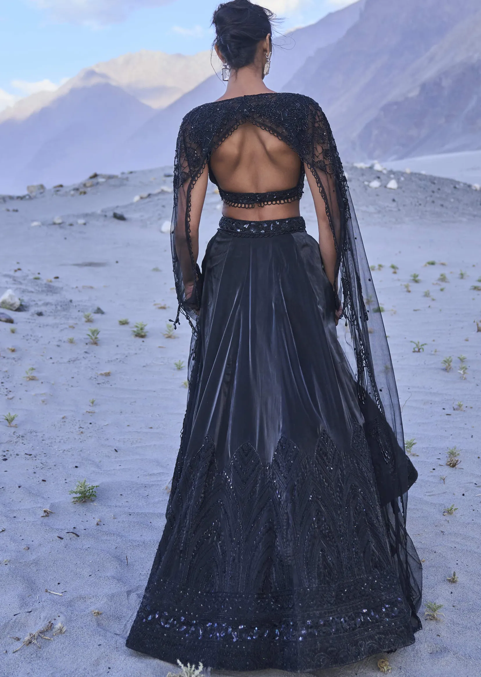 Black Embroidered Organza Lehenga Set With Cape