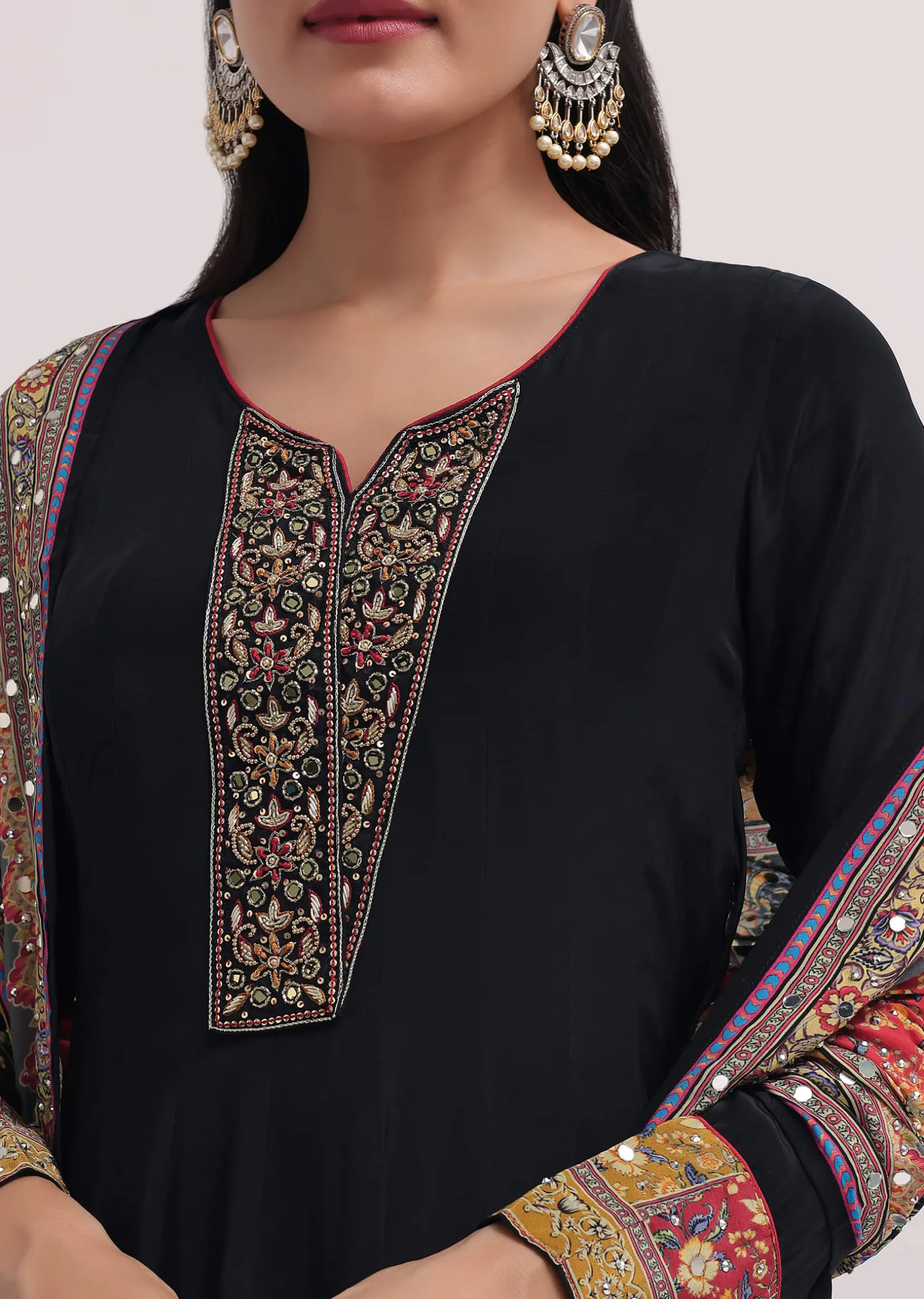 Black Embroidered Satin Kurta Palazzo Set
