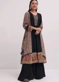 Black Embroidered Satin Kurta Palazzo Set