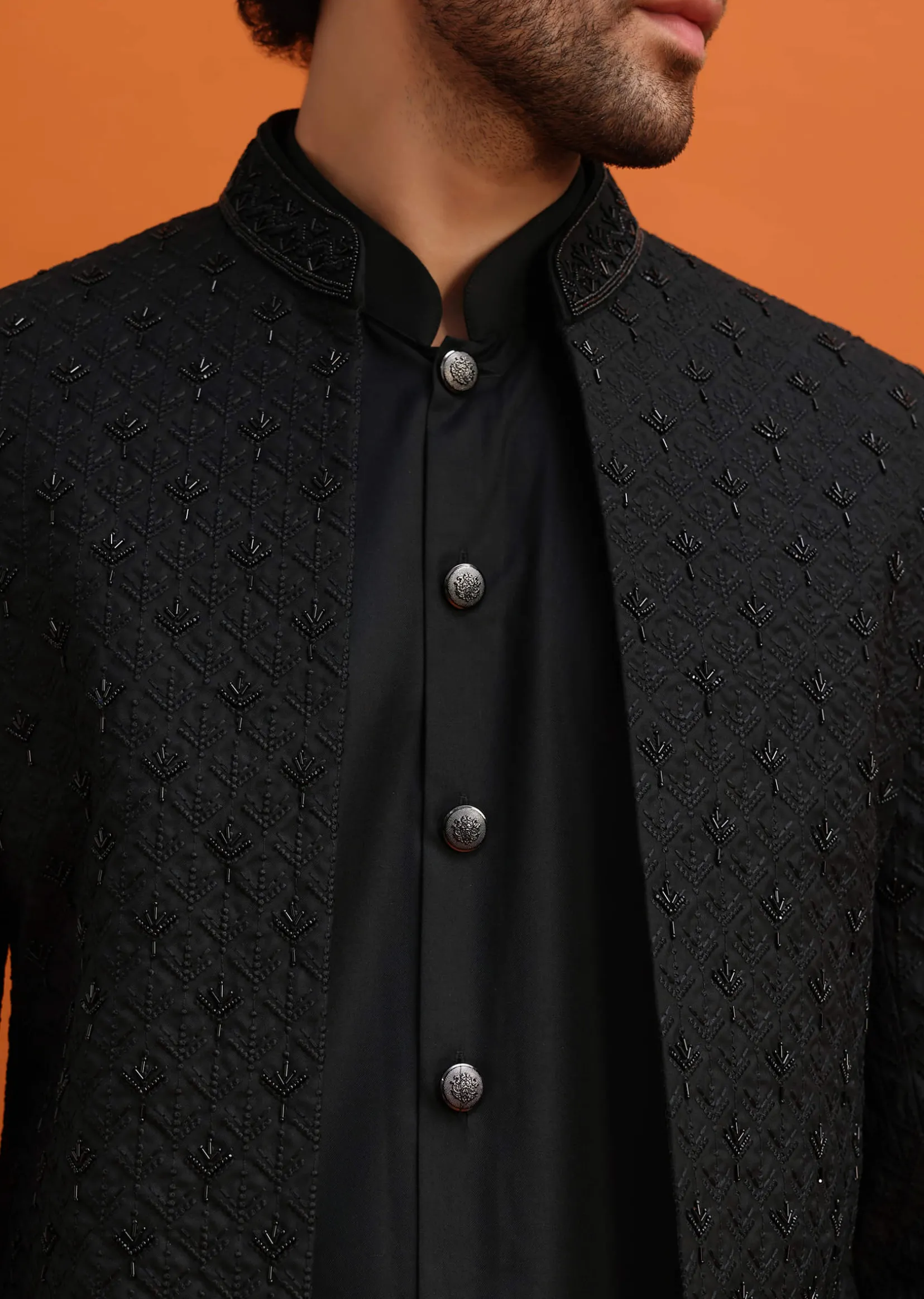 Black Embroidered Sherwani Suit With Cutdana Work